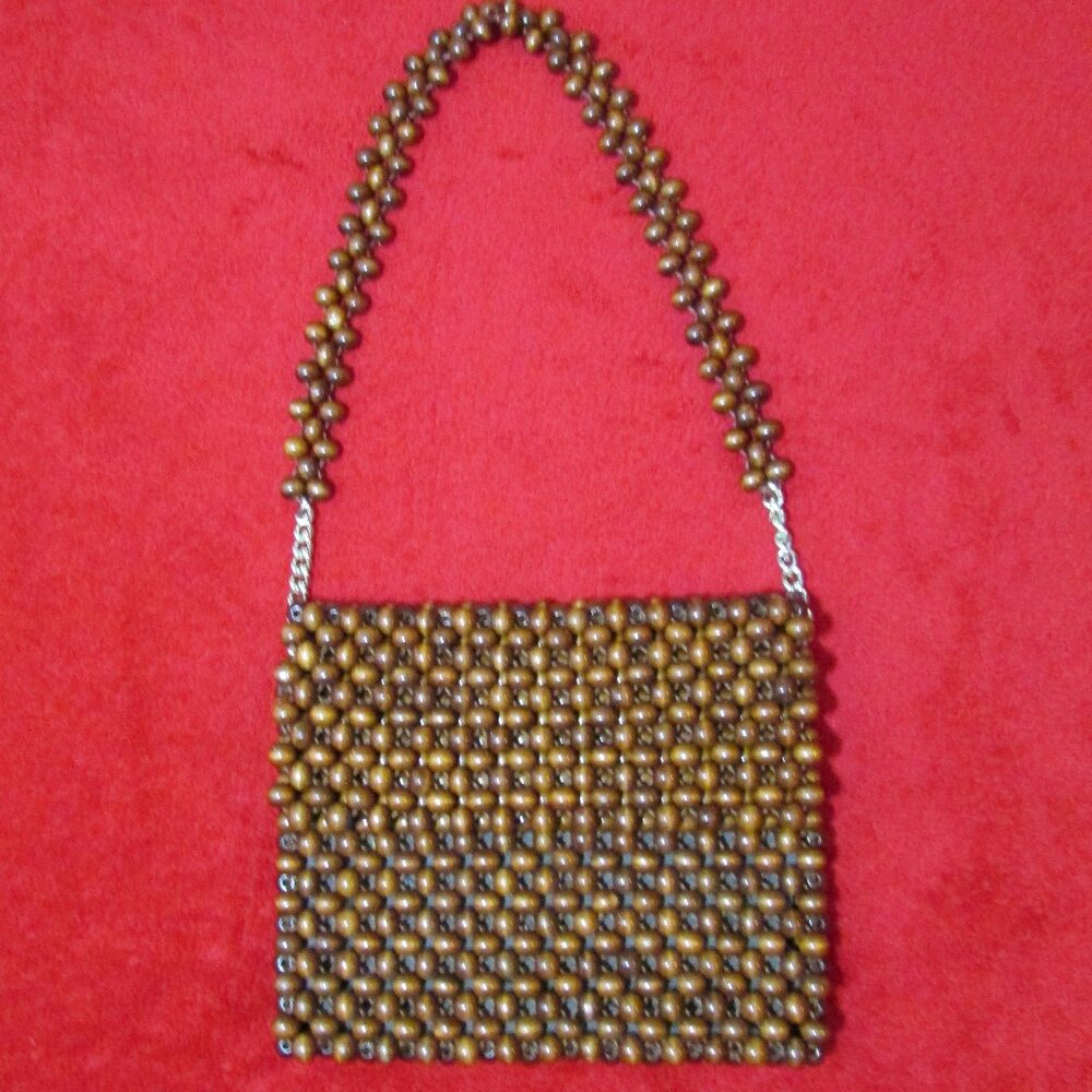 Vintage Lady Ellen Brown Wooden Bead Purse